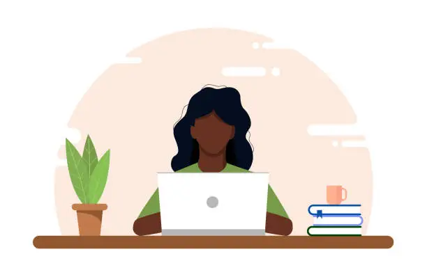Vector illustration of european african girl working on a laptop
