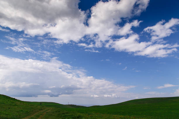 istock Cumulus clouds on a blue sky. Over the green field. Spring flowering grass. Summer natural background 1225007119