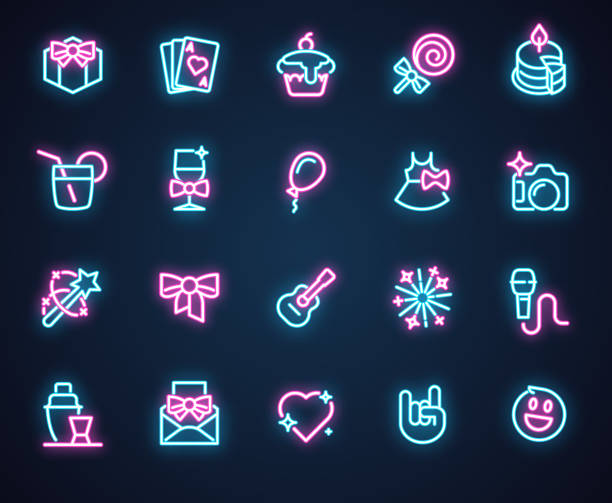 Set of 20 neon icons for music, holiday, romantic, birthday, party theme. Illuminosity labels isolated on black. Advertising led logo. Interface, setting and game ui ux element. Vector illustration Set of 20 neon icons for music, holiday, romantic, birthday, party theme. Illuminosity labels isolated on black. Advertising led logo. Interface, setting and game ui ux element. Vector illustration ace cafe pictures stock illustrations