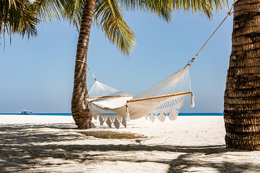 Hammock during summer day on the beach of Maldives without people. Copy space.