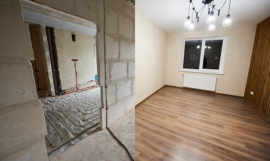 Comparison of room in apartment before and after renovation. Spacious light room with modern wood laminate and chandelier vs empty doorway with a view to another unfinished room. Renovation concept