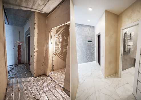 Modern apartment with marble floor before and after refurbishment. Comparison of old flat with underfloor heating pipes and new place with heated towel rail and stylish design. Concept of restoration.