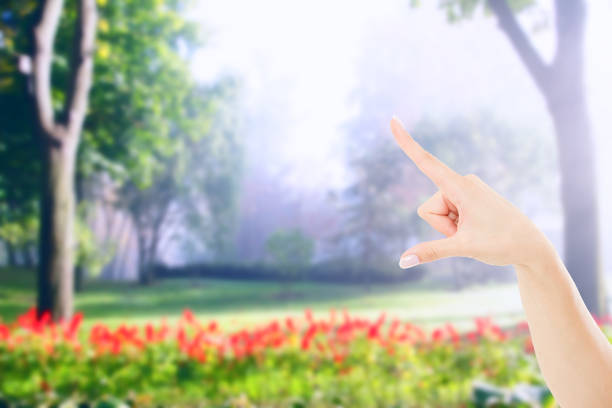 istock pointing female hand on blurred garden or park background, mock up 1225010507