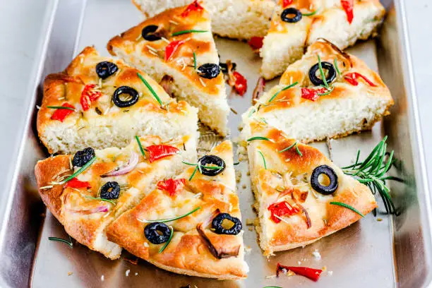 Focaccia Bread on a Baking Tray Close-Up Photo