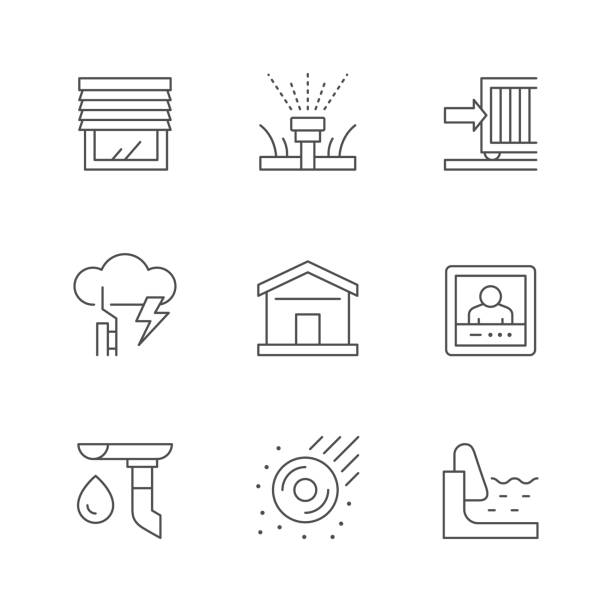 Set line icons of house systems Set line icons of house systems isolated on white. Jalousie, automatic irrigation, sliding gate, lighting conductor, video intercom, gutter, vacuum cleaner robot, swimming pool. Vector illustration storm system stock illustrations