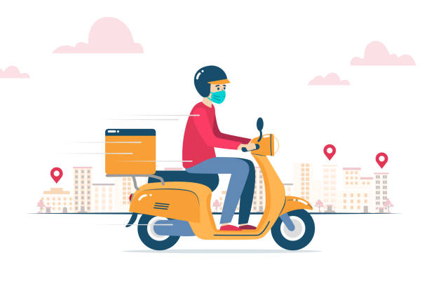 Vector illustration of a delivery man, with face mask, delivering an order on a motorcycle Vector illustration of a delivery man, wearing a mask because of coronavirus, delivering an order on a motorcycle delivering illustrations stock illustrations