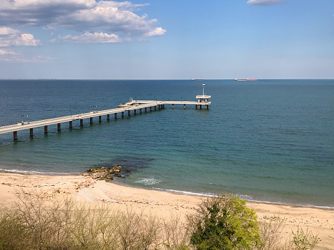 View of Burgas bridge. Beautiful Black Sea landscape from Burgas, Bulgaria. Seascape of Burgas bay.