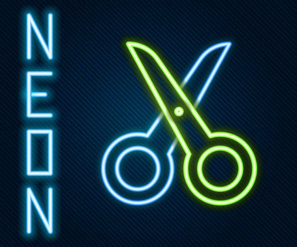 istock Glowing neon line Scissors icon isolated on black background. Cutting tool sign. Colorful outline concept. Vector Illustration 1225017514
