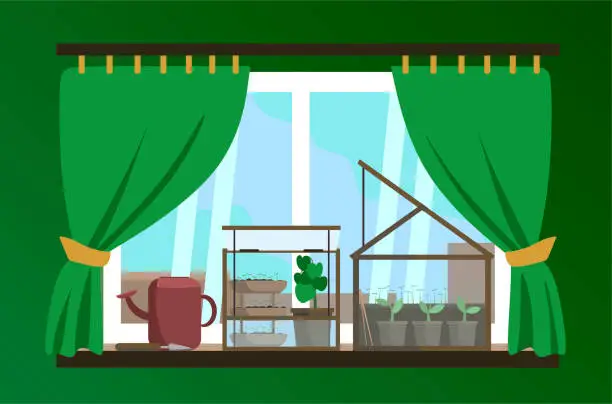 Vector illustration of Home mini glass greenhouse for house and balcon. Flat vector illustration. Gardening and plant. Garden and seeds. Take care of green friends. Picture for web site banners and postcards. On window