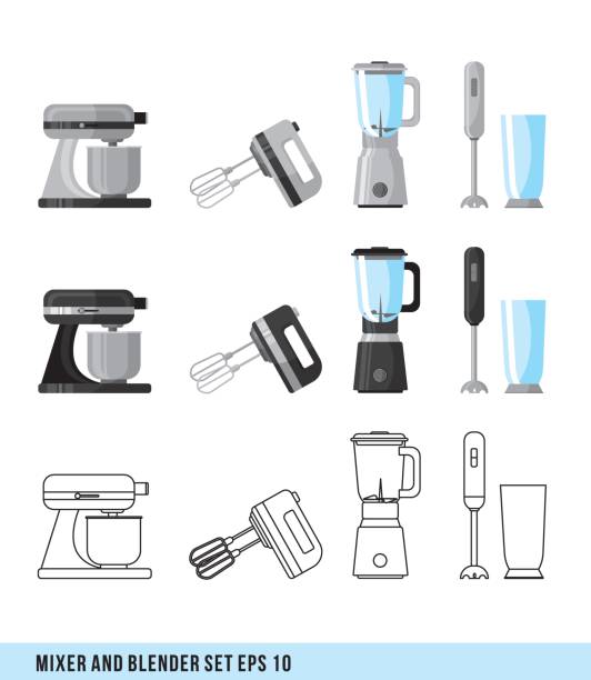 ilustrações de stock, clip art, desenhos animados e ícones de cooking icons. set of elements - mixer and blender. kitchen set for your design. vector flat illustration of colored and lined tips. mix cook and blend in home - studio equipment illustrations