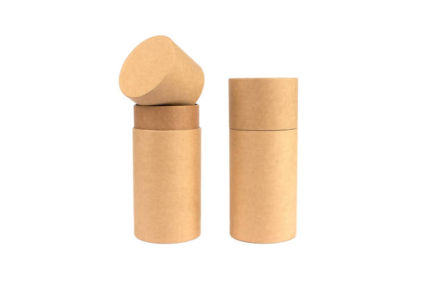 istock Open and closed paper tubes, cardboard containers for packaging isolated on white background with copyspace, mockup 1225018564