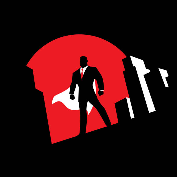 Super Businessman Background Symbol Simple illustration of superhero watching over the city from the roof of a tall building at night. entrepreneur silhouettes stock illustrations