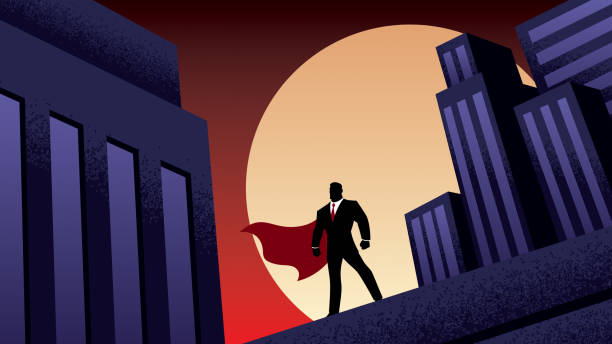 illustrations, cliparts, dessins animés et icônes de super businessman city night - superhero human muscle men city