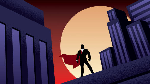 Super Businessman City Night Superhero watching over the city from the roof of a tall building at night. entrepreneur silhouettes stock illustrations