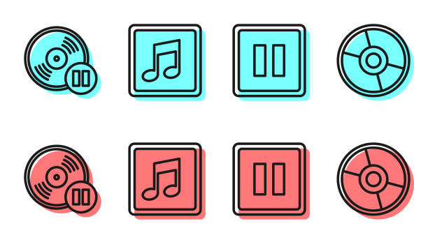 ilustrações, clipart, desenhos animados e ícones de definir o botão de pausa da linha, disco de vinil, nota de música, tom e ícone de disco de cd ou dvd. vetor - dvd player computer icon symbol icon set