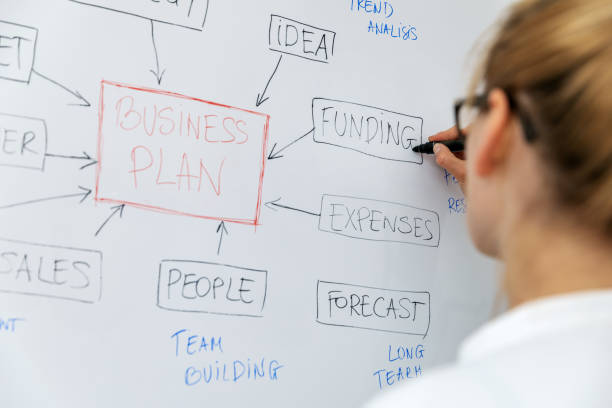 frau schreibt businessplan-umriss mit marker auf whiteboard - business plan stock-fotos und bilder