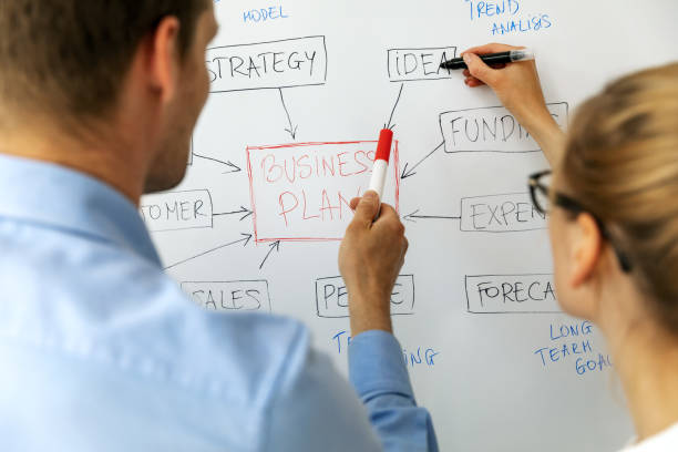 business people team working on new business plan strategy, drawing block diagram on whiteboard - writing whiteboard men businessman imagens e fotografias de stock