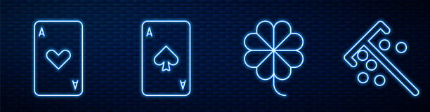 ilustrações de stock, clip art, desenhos animados e ícones de set line casino slot machine with clover, playing card with heart, playing card with spades and stick for chips. glowing neon icon on brick wall. vector - gambling chip poker casino ace