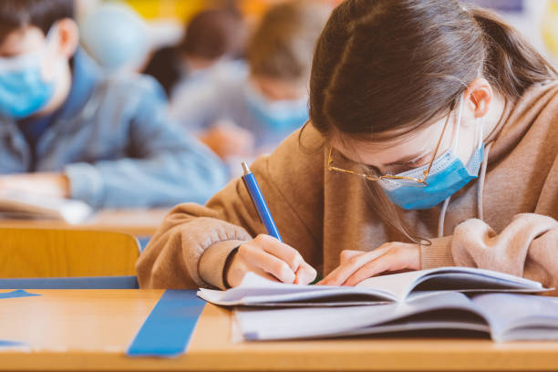 istock High school students at school, wearing N95 Face masks. 1225021679