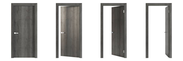 istock Interroom door isolated on white background. Set of wooden doors at different stages of opening. 3D rendering. 1225022607