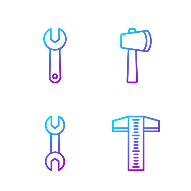 ilustrações de stock, clip art, desenhos animados e ícones de set line t-square line, wrench spanner, wrench spanner and woode - letter t