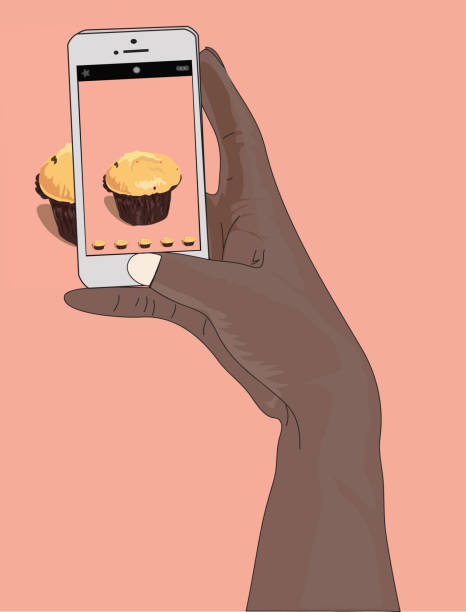 illustrazioni stock, clip art, cartoni animati e icone di tendenza di scatto per smartphone di un cupcake - muffin blueberry muffin blueberry food