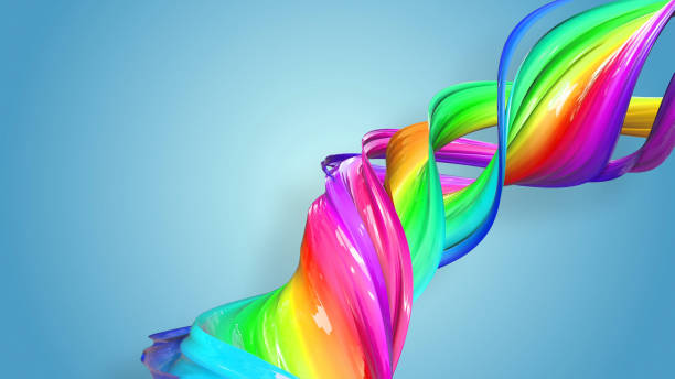istock Abstract rainbow color ribbon twisted into a circular structure on a blue background. Beautiful multicolored ribbon glitters brightly. creative design of abstract 3d object 1225025145