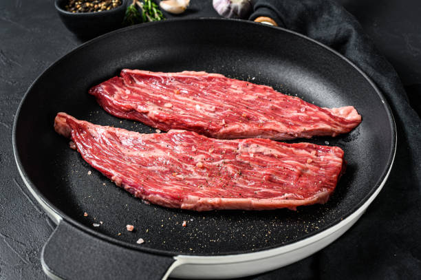 istock Raw marbled beef steak in a frying pan. Black background. Top view 1225025899