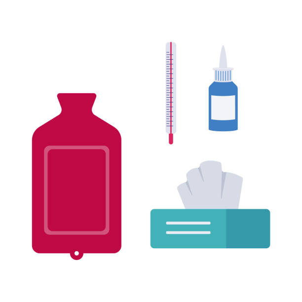 ilustrações de stock, clip art, desenhos animados e ícones de home virus treatment set - medicine, warmer, tissues and thermometer - tissue box flu virus kleenex
