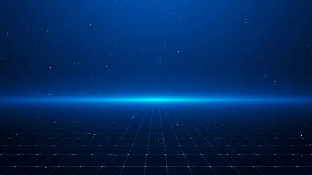 Photo of Perspective Grid. Abstract background shining blue floor ground particles stars dust with flare. Futuristic glittering in space on black background.