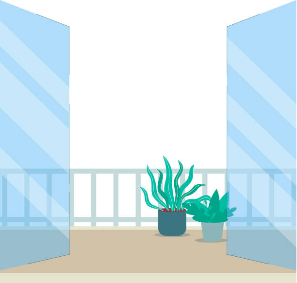 istock Balcony or terrace doorway view with plants flat vector illustration isolated. 1225029513