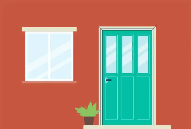 Vector illustration of Red house entrance facade with green door, closed window and houseplant