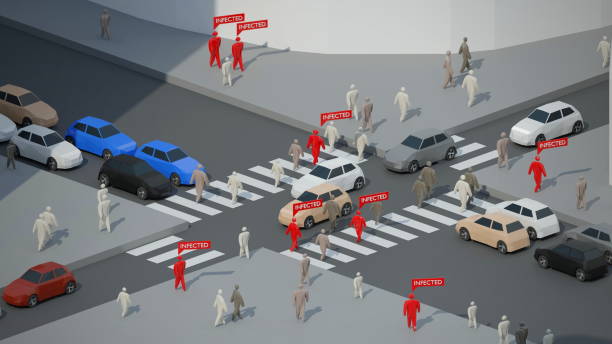 istock Infected people walking on a city street. Digital 3D render concept. 1225029682