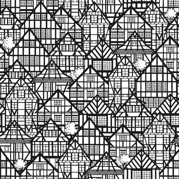 Seamless pattern with old german houses. Black and white buildings background. Vector illustration. timber framed stock illustrations