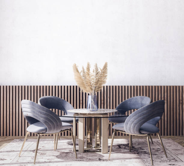 Dining room interior design with blue trendy chairs