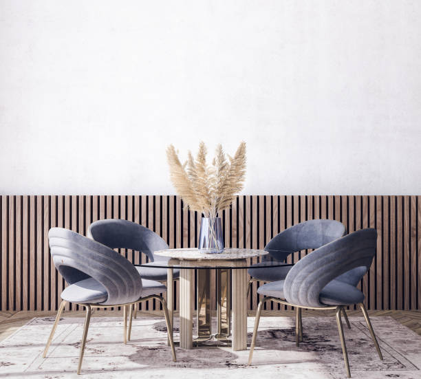Dining room interior design with blue trendy chairs Dining room design with blue trendy chairs on empty background pampas photos stock pictures, royalty-free photos & images