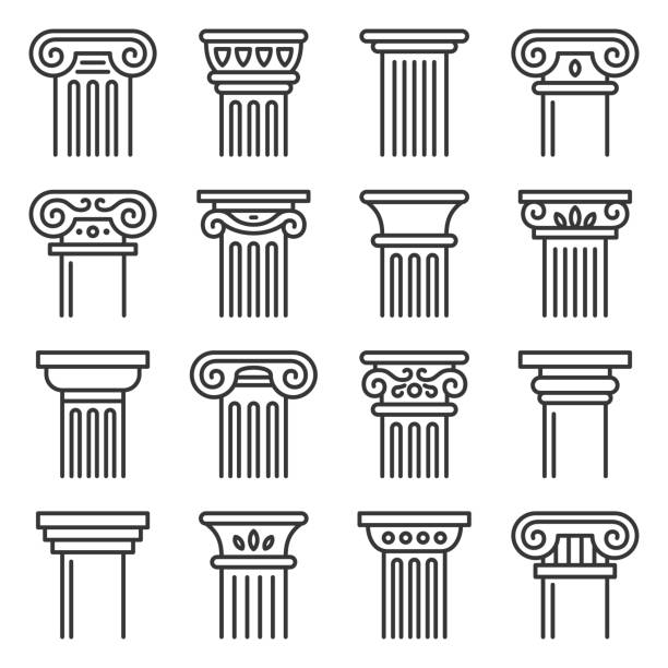 ilustraciones, imágenes clip art, dibujos animados e iconos de stock de conjunto de iconos de columnas antiguas. vector de estilo de línea - natural column