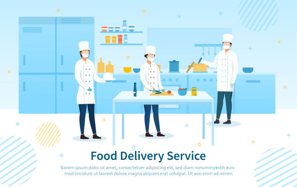 Food Delivery Service showing the chefs Food Delivery Service showing the chefs preparing the meals in a restaurant kitchen with text during the Covid-19 pandemic, colored vector illustration chiefs stock illustrations