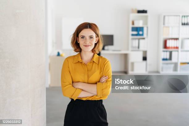 Happy Relaxed Confident Young Businesswoman Stock Photo - Download Image Now - Women, Office, Portrait