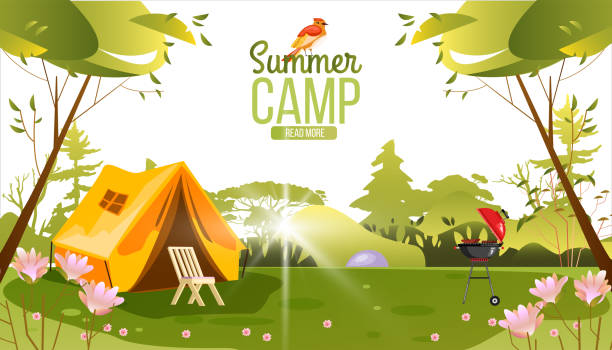 ilustraciones, imágenes clip art, dibujos animados e iconos de stock de fondo vectorial de camping de verano con carpa, silla, brasero, árboles y flores. - outdoors tent tourism animals in the wild