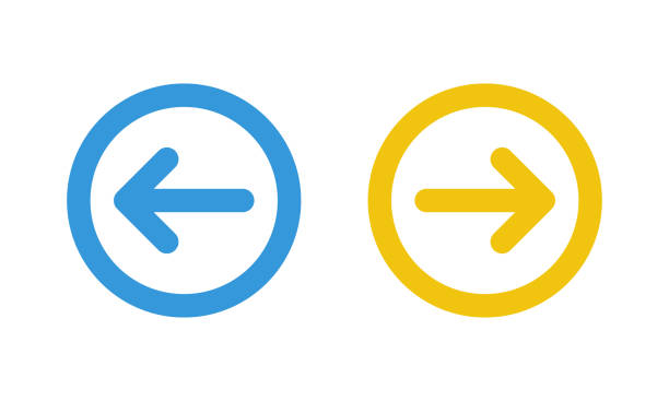 blue left and yellow right arrows, round thin line vector signs blue left and yellow right arrows, round thin line vector signs back arrow stock illustrations