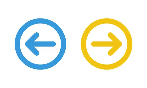 Vector illustration of blue left and yellow right arrows, round thin line vector signs