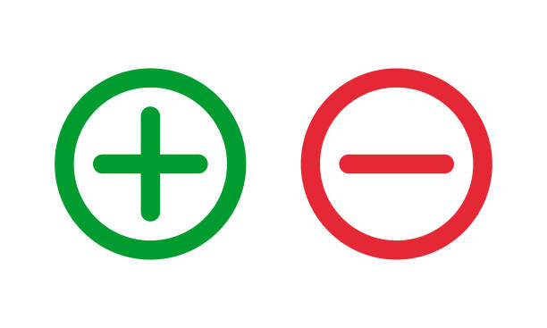 녹색 플러스 및 빨간색 마이너스 기호, 둥근 가는 선 벡터 기호 - minus sign stock illustrations