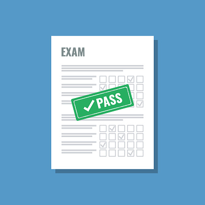 exam sheet with green pass stamp, flat vector illustration