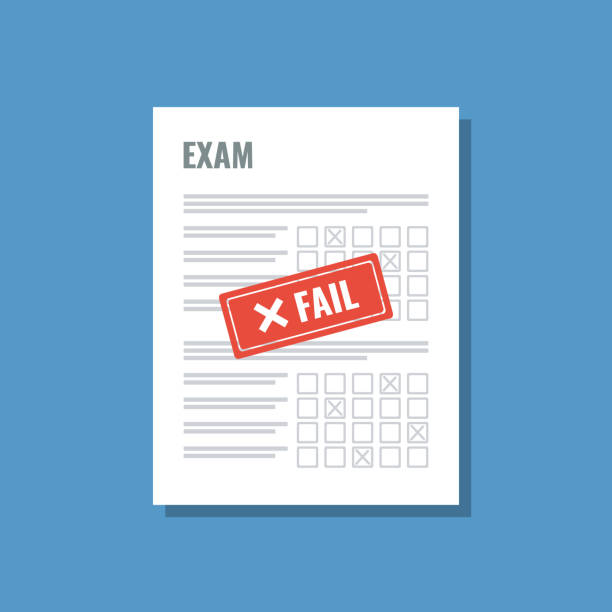 ilustrações de stock, clip art, desenhos animados e ícones de exam sheet with red fail stamp, flat vector illustration - report card illustrations