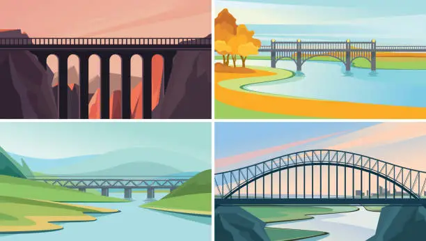 Vector illustration of Set of nature landscape with bridges.