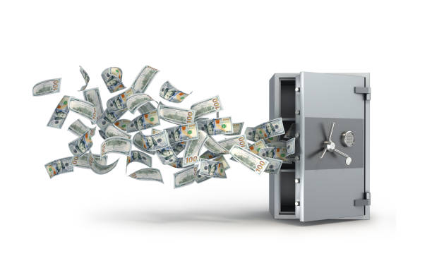 istock metall safe with open door and falling dollars bills 3d illustration 1225035413