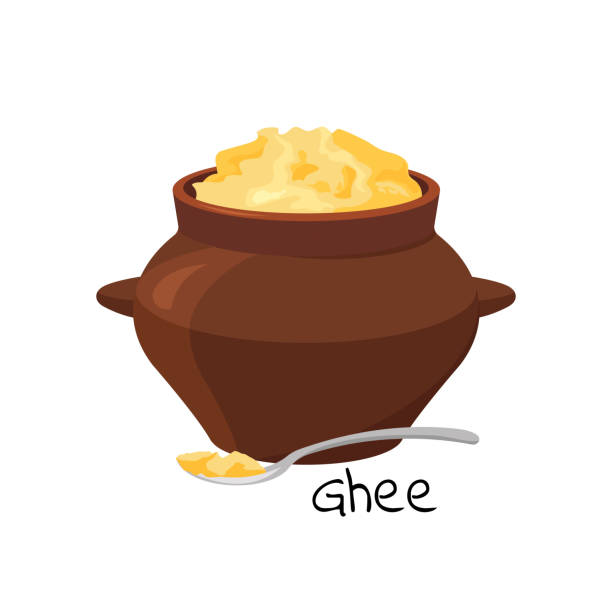 Clarified ghee butter jar. Food ingredient for cooking. Vector Clarified ghee butter jar. Food ingredient for cooking. Vector illustration brass bowl stock illustrations