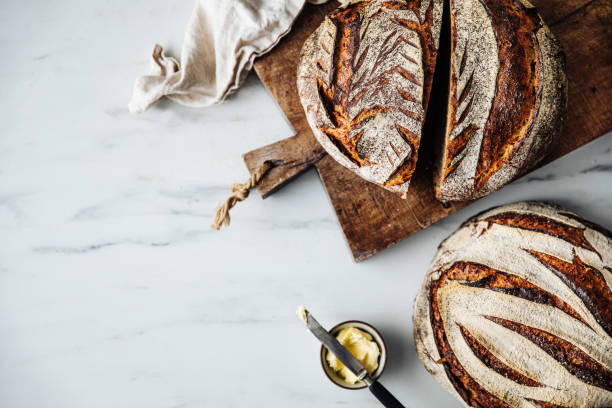 Directly above view of sourdough bread and butter
