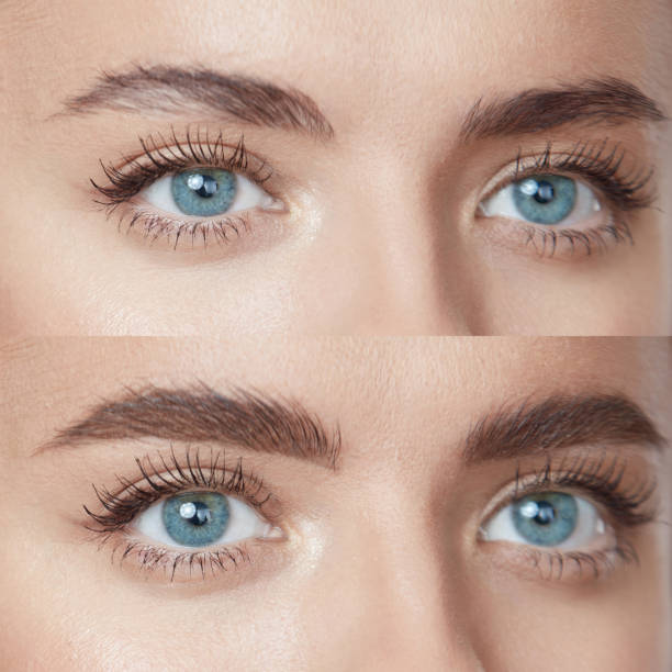 Beauty. Close Up Woman’s Eyebrows Before And After Microblading. Difference Between Female Brows With Lamination And Without Correction.